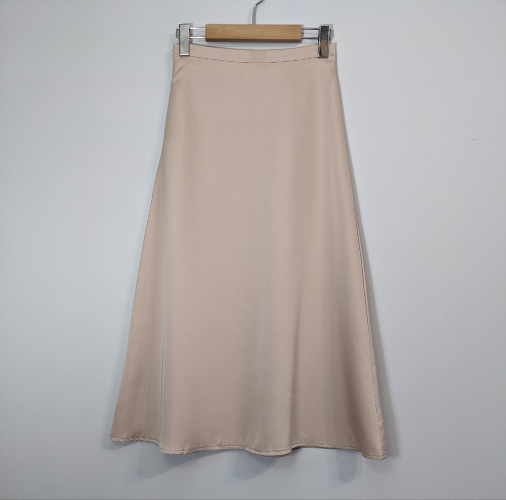 Satin Slip Midi Skirt | Light Beige | Small